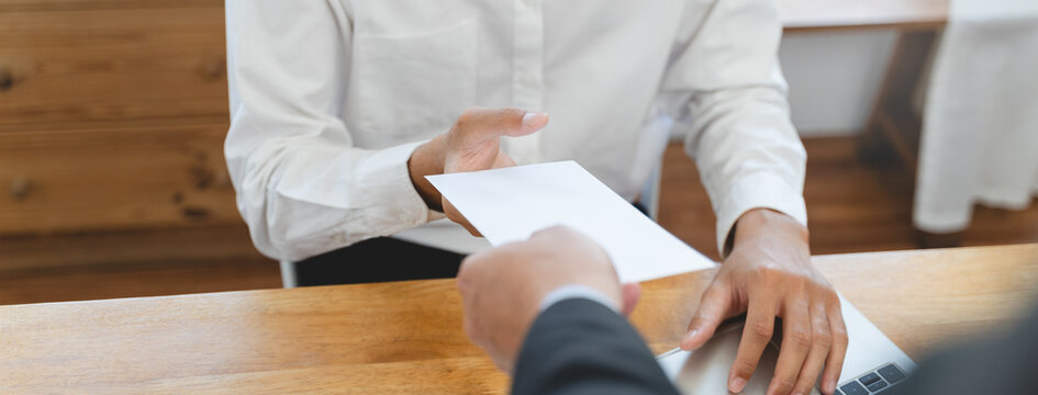 Good job, asian manager man giving financial reward in an envelope, business letter extra salary to company employee, caucasian male worker office hand received premium bonus, getting cheque from boss