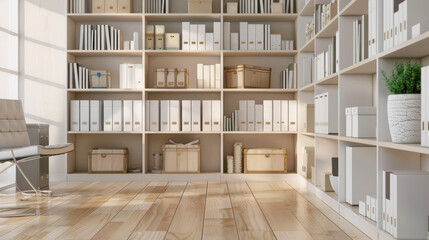 A modern office's shelving unit loaded with systematically arranged books and documents, highlighted by the warm glow of daylight.