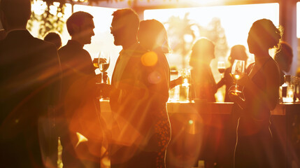 Groups of people stand together talking and drinking in a warmly lit bar, exuding a festive and engaging atmosphere during an evening event.