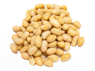 heap of boiled soybeans on white background