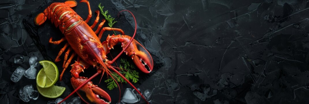Fresh Lobster on Dry Ice, Raw Whole Omar, Cooled Crawfish Decorated With Lime And Greenery