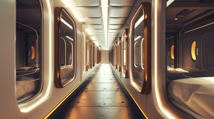 Obraz premium This corridor with large viewing windows outside each sleeping pod emits a futuristic, sterile ambiance, ideal for modern accommodations and space travel experiences.