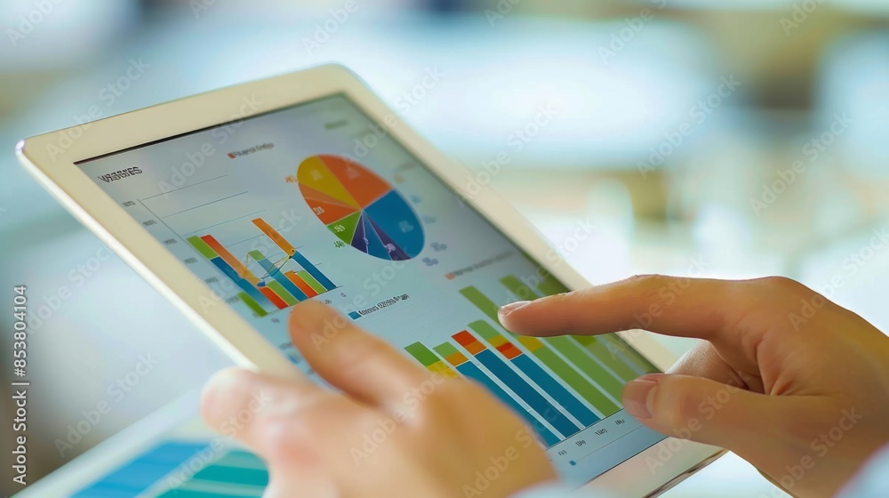 Poster A business analyst reviewing market research data with demographic graphs and consumer behavior patterns on a tablet.