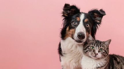 Fototapeta premium Adorable Dog and Cat Together on Pink Background, Generative AI