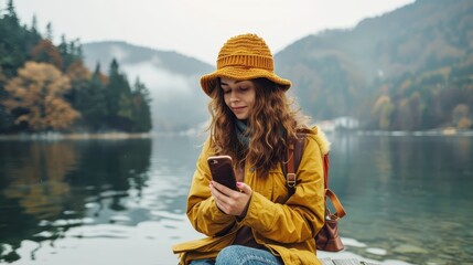 Relaxed young woman wearing a yellow hat and coat using a smartphone by a tranquil foggy mountain lake