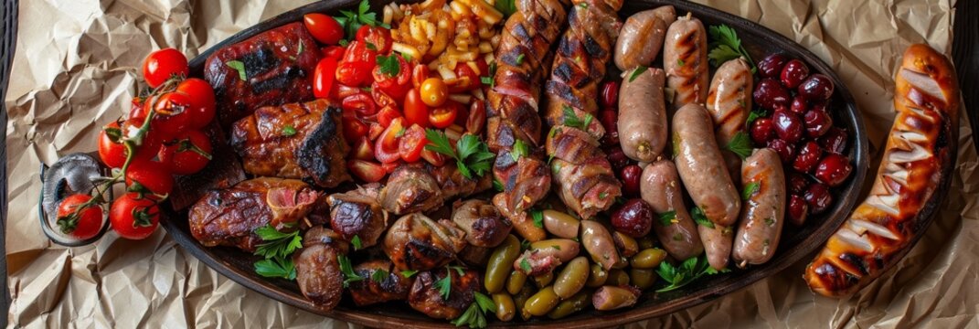 Traditional Azerbaijani Meat Platter with Sujuk, Veal, Chicken and Sausages Top View, Pickled Vegetables