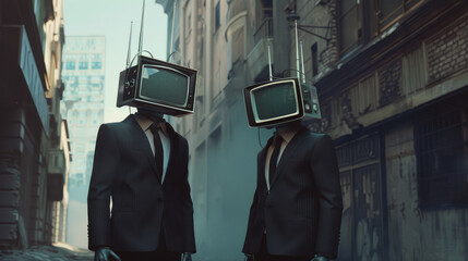 Two individuals in suits with television sets for heads in a desolate alley.