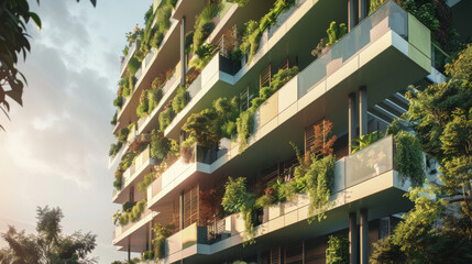Obraz premium A modern apartment building with lush green plants adorning its balconies bathed in soft evening light, showcasing a blend of architecture and nature.