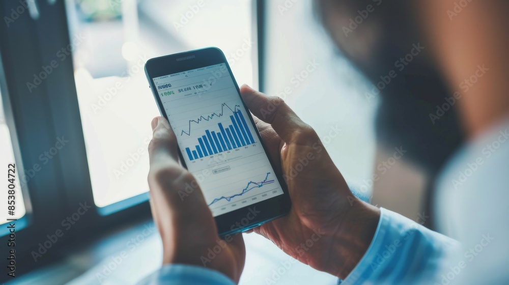 Poster a businessman examining a line graph on a smartphone, tracking investment portfolio performance and 