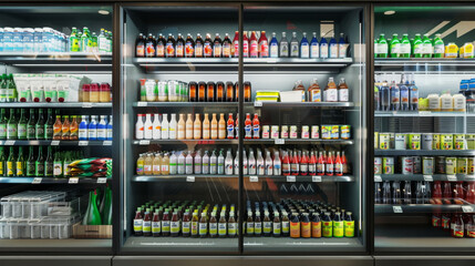 A refrigerated display in a supermarket filled with a wide range of beverages, emphasizing variety, freshness, and inviting shoppers to explore different options.