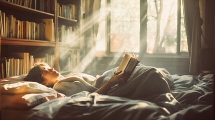 朝日を浴びてゴロゴロしながら読書する人