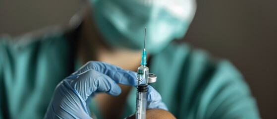 A nurse is holding a syringe and preparing to give a shot