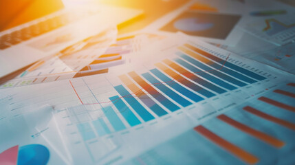 Soft blue and orange charts and graphs on white paper evoke a sense of professional business analysis and strategic financial planning.