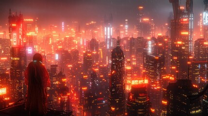Futuristic Cityscape Glowing with Neon Lights and Holographic Displays