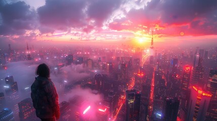 Fototapeta premium Futuristic Cityscape Glowing with Neon Lights and Holographic Displays