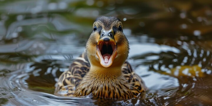 A closeup of a duck quacking in a lake.