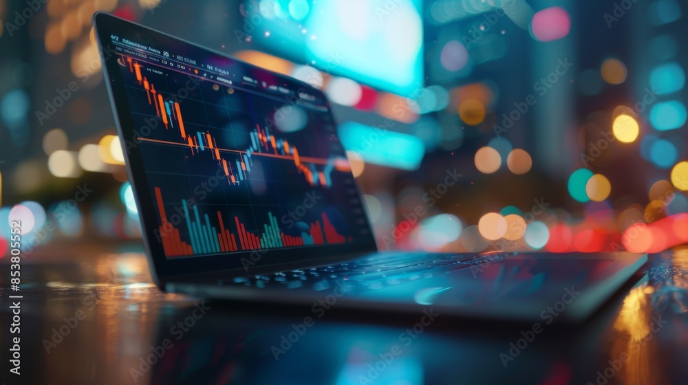 Aufkleber A close-up of a laptop screen displaying a stock market graph with fluctuating prices and trading volumes.