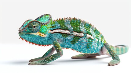 Obraz premium This image captures a colorful chameleon mid-walk, showcasing its beautiful patterns and textures on a white surface