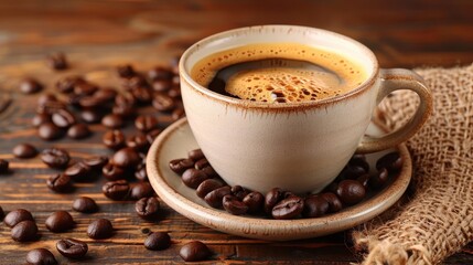 A steaming cup of coffee with a foam layer on top surrounded by scattered roasted coffee beans