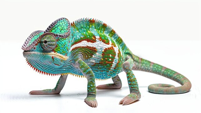 Side view of a chameleon showcasing its distinct texture and color pattern against a white background