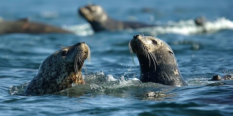 Fototapeta premium Cute fur seals swimming in the ocean