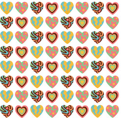 Colorful seamless pattern with groovy hearts. Vector background in flat style.	
