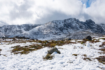 Beautiful snowy mountain landscape in Serra da Estrela Natural Park in Portugal.