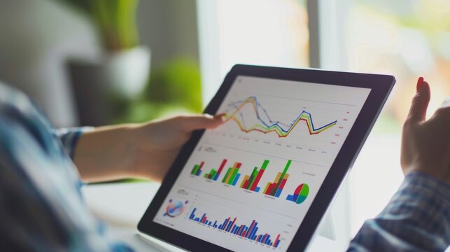 A digital marketing specialist analyzing website traffic analytics on a tablet, with colorful line graphs and engagement metrics displayed.