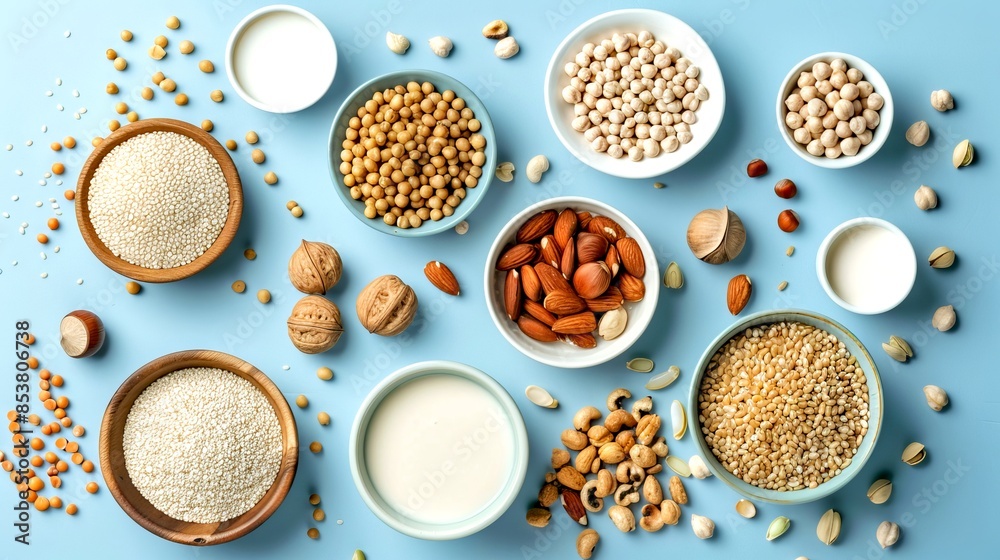 Wall mural Various nuts, seeds, and grains on a blue background. This conceptual image showcases the diversity of plant-based ingredients. An array of healthy foods is perfect for health and wellness themes. AI