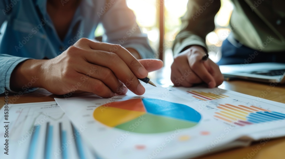 Poster A financial advisor discussing investment portfolios with a client, pointing to a pie chart graph illustrating asset allocation strategies.
