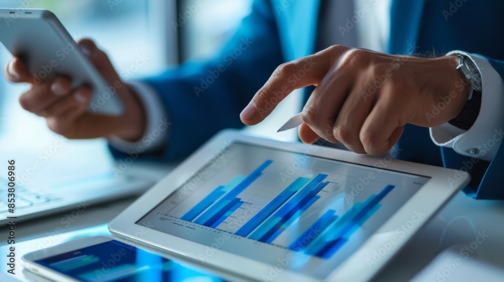 Aufkleber a financial analyst pointing to a bar graph on a digital tablet, discussing quarterly revenue and pr