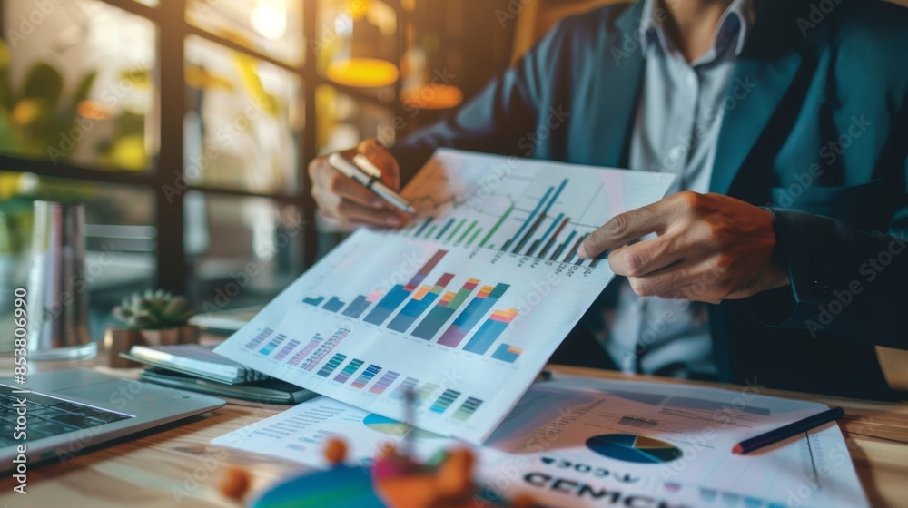 Aufkleber a financial analyst explaining market trends with line graphs and economic indicators during a corpo
