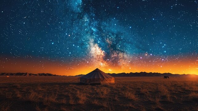 Nomadic Tribe Setting Up Camp Under Star-Filled Desert Sky