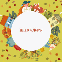 Autumn background, frame, round, space for text, with people and nature. Hand drawn graphics and textures. Autumn vibes, Thanksgiving, Vector template design.