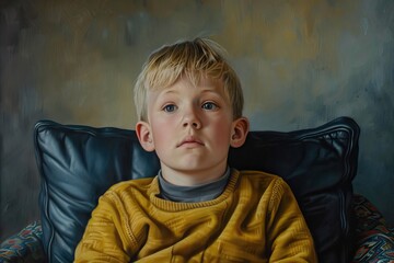 Portrait of a young boy in a yellow sweater, sitting on a dark leather chair