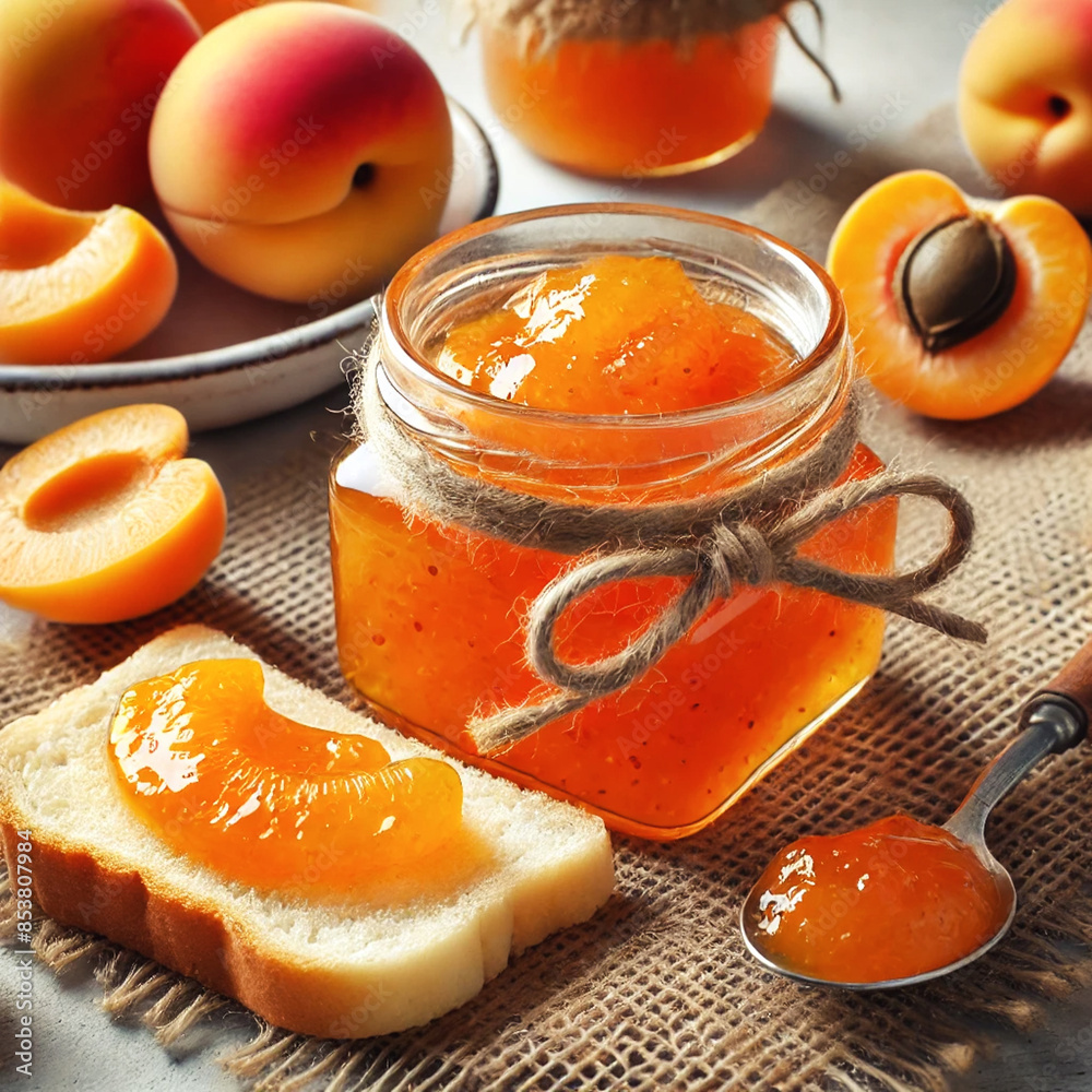 Poster A glass jar with apricot jam stands on a piece of burlap. Next to it are two slices of bread with jam and fresh apricots
