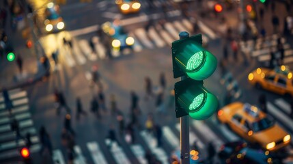 Fototapeta premium A green traffic light illuminating a busy city street as pedestrians cross the crosswalk.