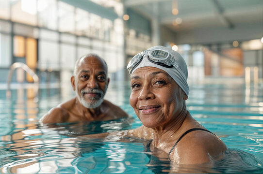 Senior black couple in swimming pool. Portrait of happy mature woman and man in sport activity. Active adult people swim in swimming pool. Water exercise and fun. Elderly swimmers. Aqua retired sport