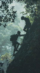 Silhouette of two climbers ascending a cliff in a dense forest, showcasing teamwork and adventure against a backdrop of lush greenery.
