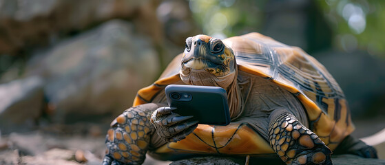 A curious tortoise gazing at a smartphone it holds, implying the spread of technology.