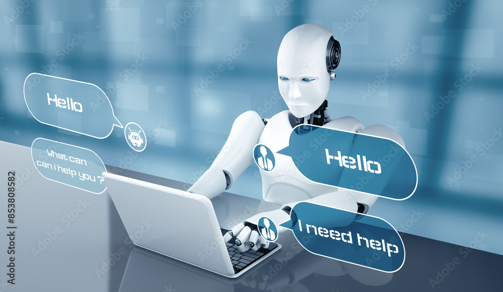 Poster mlp 3d illustration ai robot using computer to chat with customer. concept of chat bot service provi