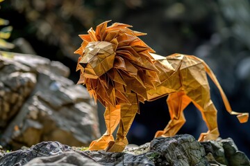 Obraz premium Vibrant origami lion sculpture showcasing intricate paper folding art, placed on rock with blurred natural scenery background.