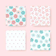 Children's floral pattern set. Hand drawn cute abstract flowers and polka dot seamless backgrounds.