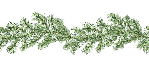 Pine tree branch. Seamless border for New Year design. Christmas traditional plants. Fir twig with green needles. Hand drawn watercolor illustration. Template for wrapping, textile, wallpaper, window. © susie_p_art