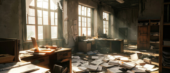 Sunlight filters through broken windows, casting a warm glow over a cluttered and abandoned office, hinting at stories left behind.