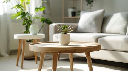 Fototapeta premium Modern living room interior with cozy sofa, wooden coffee table, and green potted plants. Bright natural light and minimalist decor style create a warm and inviting atmosphere. AI
