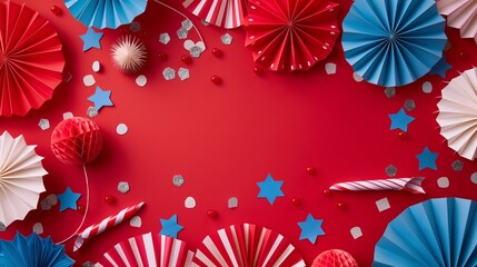 Obraz premium Festive decorations for a patriotic celebration, including red, white, and blue paper fans and rockets, set against a bright red background. The items are arranged in a lively and celebratory manner.