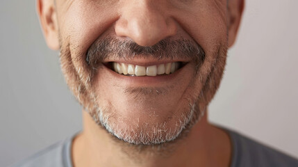 Naklejka premium happy smiling closeup face of middle-aged handsome man male with Healthy white teeth and his mustache beard seen from the side