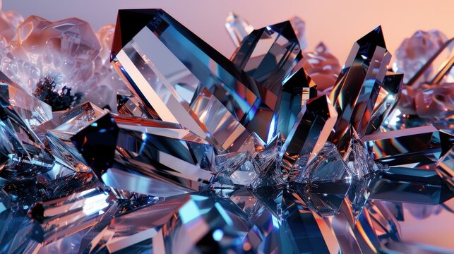 Abstract close-up of vibrant, multicolored crystals under soft lighting, showcasing intricate details and reflective surfaces.