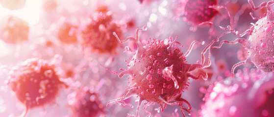 A vibrant, pink microscopic scene showcasing the complex, beautiful nature of cells suspended in a soft, ethereal environment.